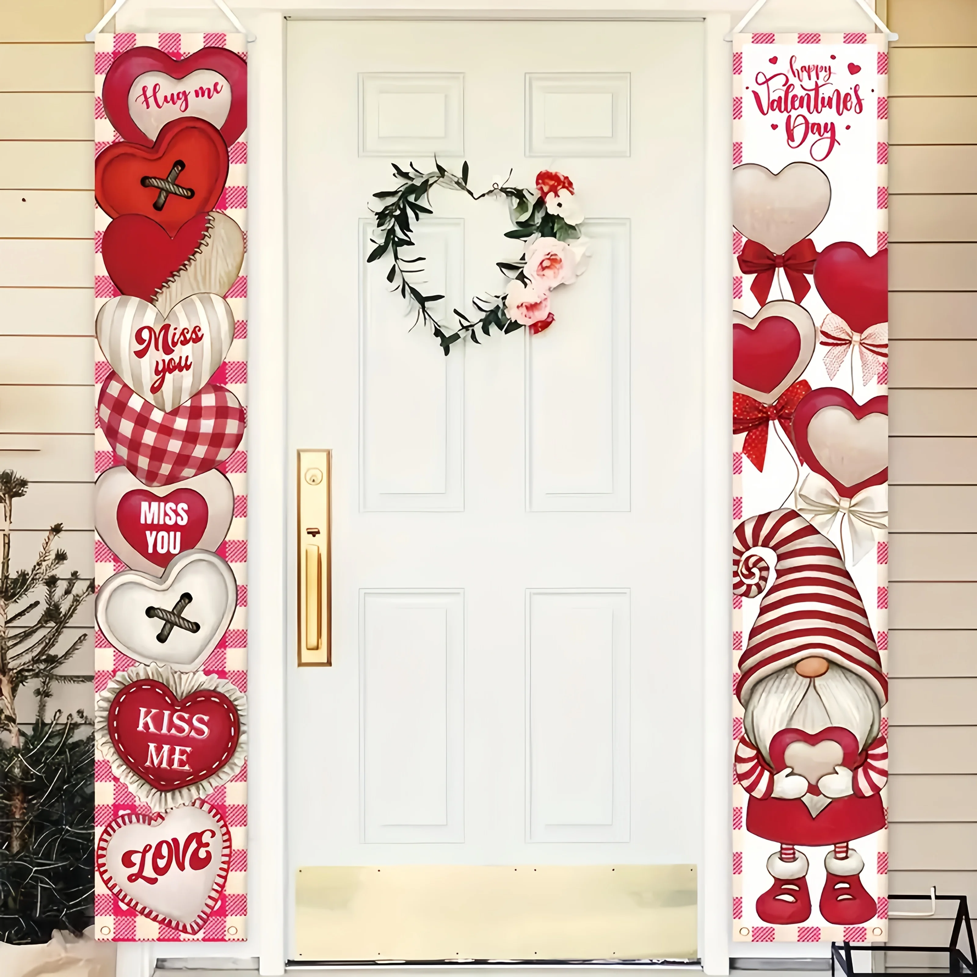 1 Pair Valentine's Day Heart Slogan Dwarf Door Flag Set, Red and White Checkered Romantic Decorative Hanging Flag, Polyester Material Holiday Porch Decoration Couplet