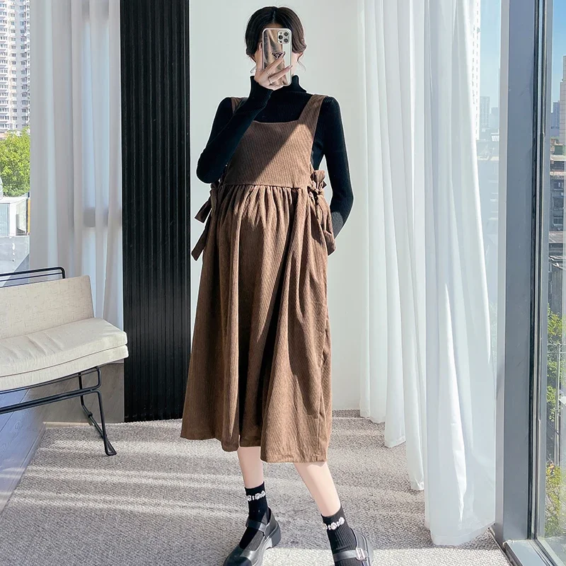 

Winter Pregnant Woman Clothes Sets Fashion Long Sleeve Turtleneck Shirts+corduroy Strap Dress Two Pieces Maternity Dress Suits
