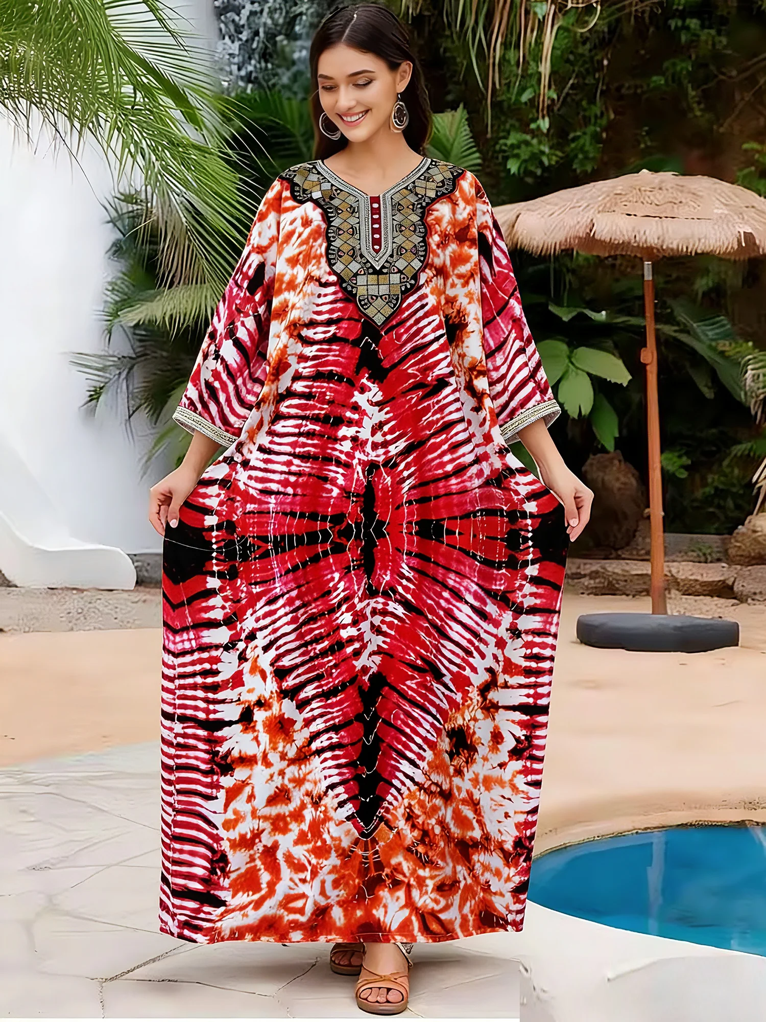 Мусульманское платье с высоким содержанием гофрированного дизайна, хлопковое женское платье с вышивкой на шее, свободное платье макси Абая в стиле бохо, повседневное платье в африканском стиле, Vestidos