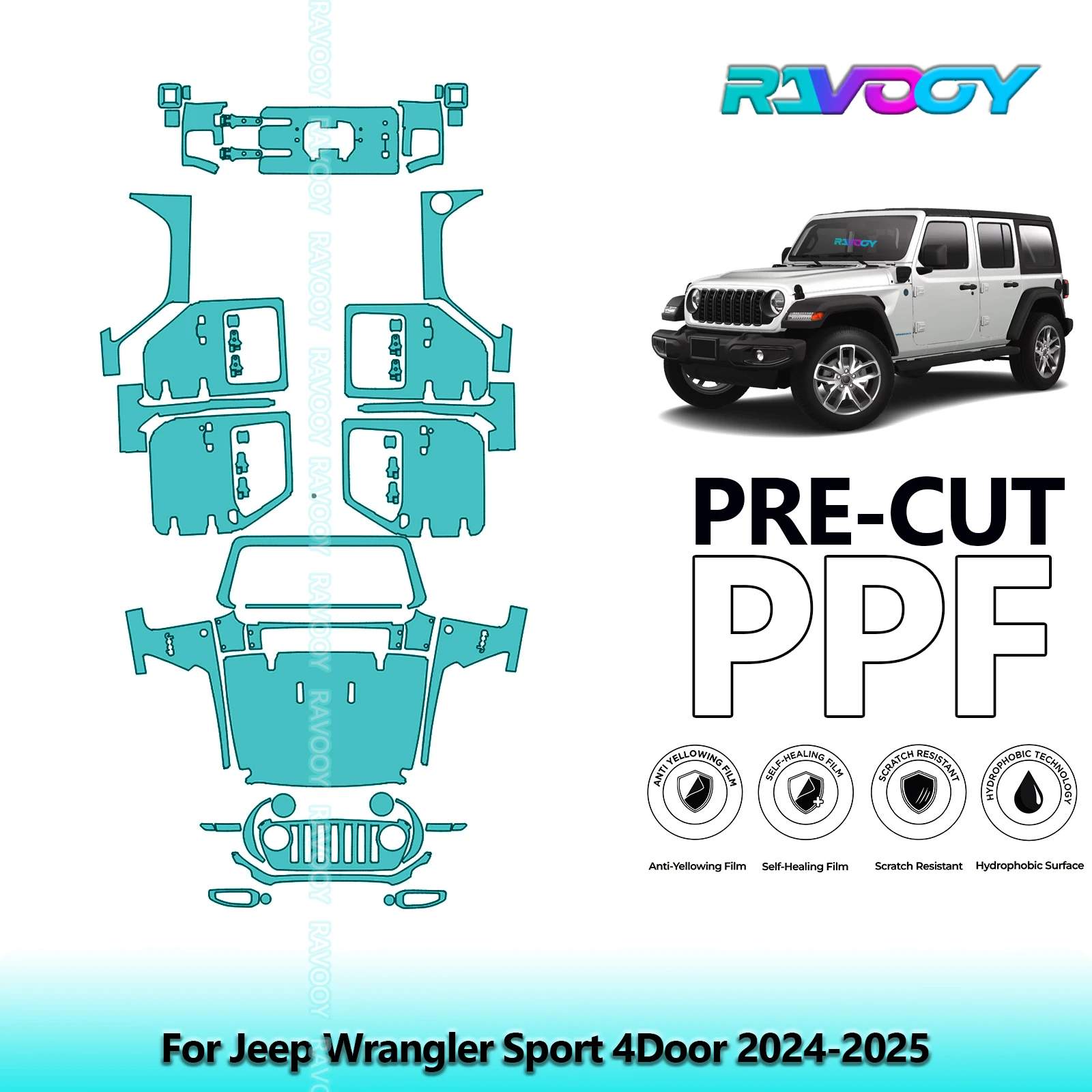 8.5Mil Precut PPF Paint Protection Film Full Vehicle For Jeep Wrangler Sport 4Door 2024-2026 Clear Bra Self-Healing TPU
