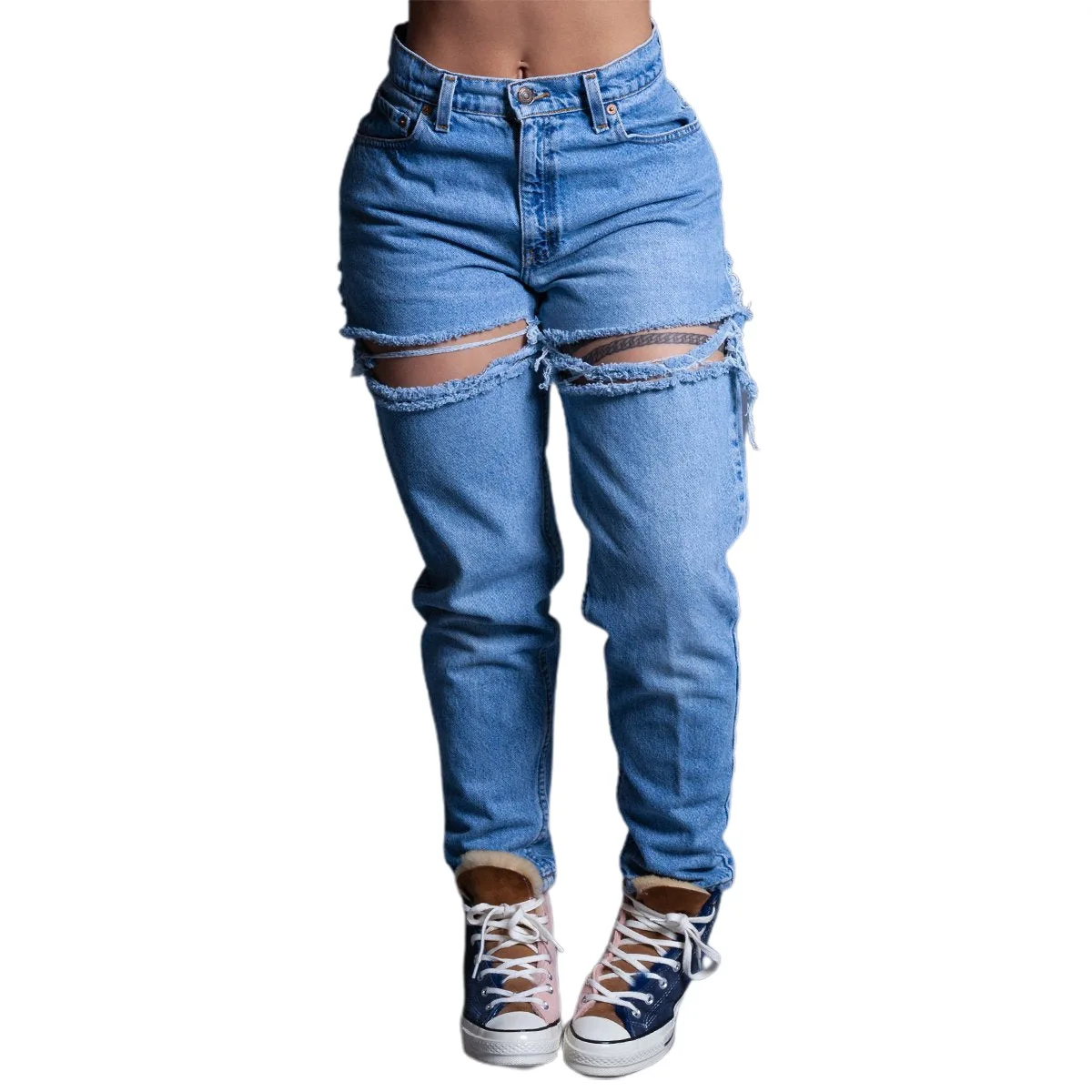 

Women Holes Mom Jeans Streetwear High Waist Straight Trouser Button Zipper Pant Office Lady Skinny Long Summer Denim Spring