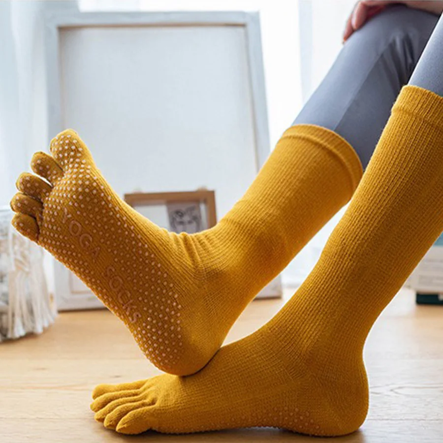 3pair Women’s Mid Calf Yoga Socks Non Slip Grip 5 Toe Socks Pilates Professional Autumn Winter Sports Sock