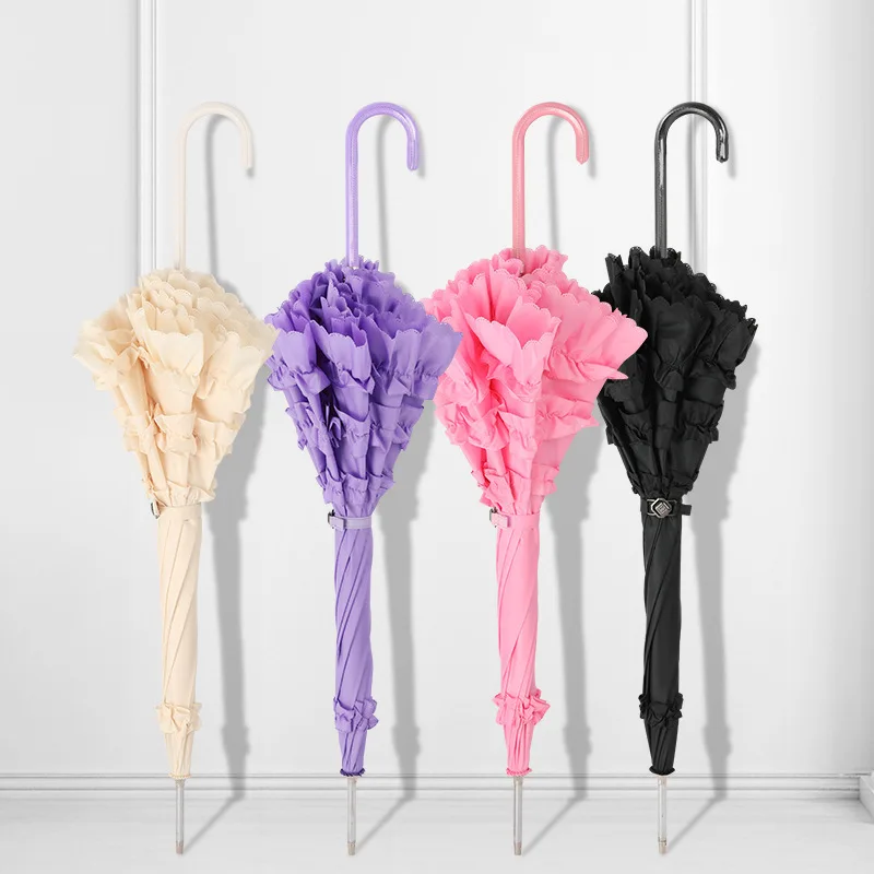 Lace Umbrella with Long Handle Semi-automatic Wedding Umbrellas Cute Princess Parasol, Gothic Lolita Marriage Large Umbrella