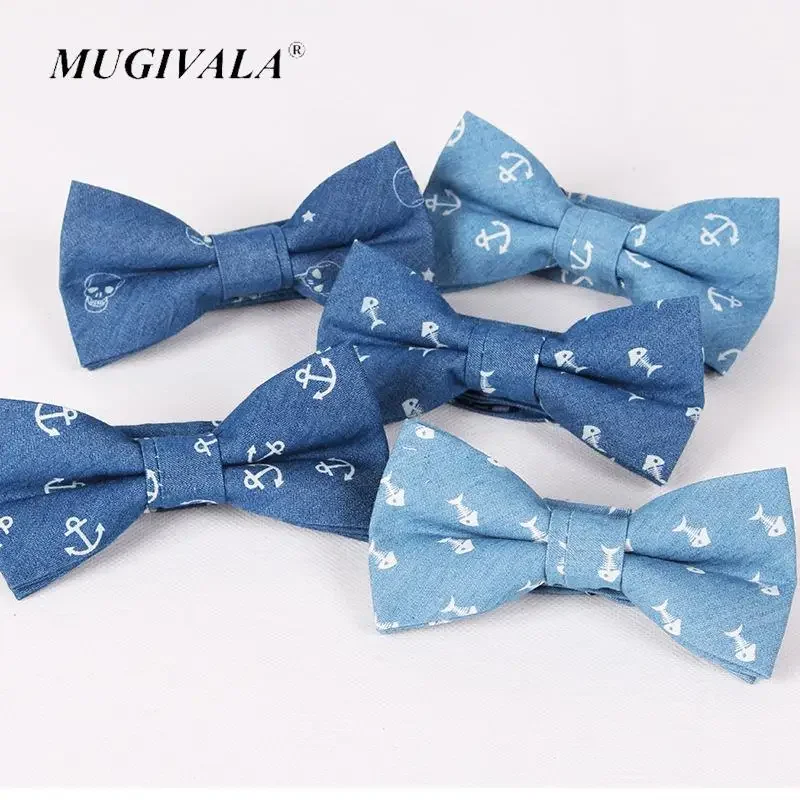 Fashion Blue Fish Skull Pattern Cotton Bowtie For Men Groom Men Cravat gravata Male Marriage party Butterfly Wedding Bow ties