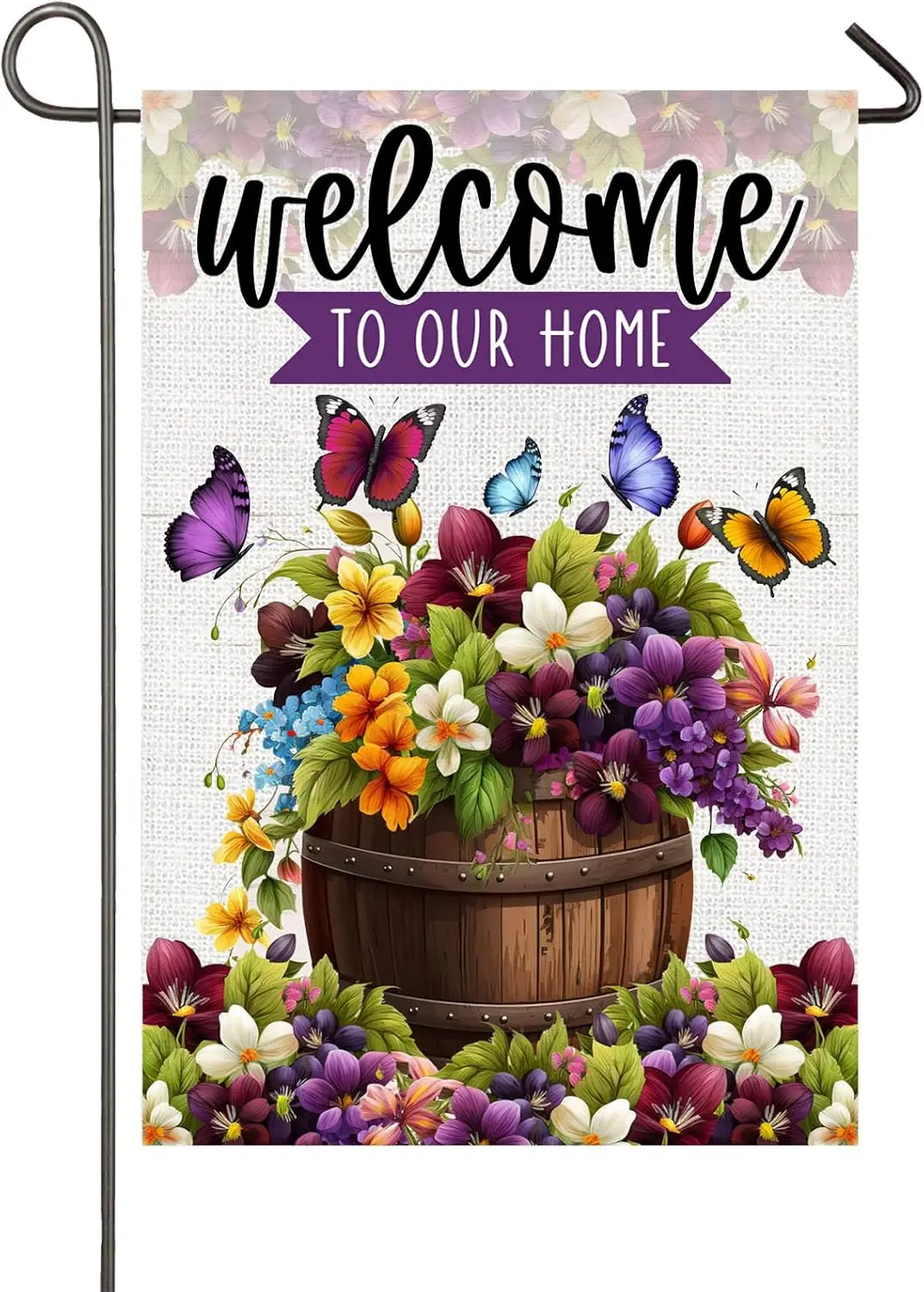 Welcome to Our Home Spring Summer Garden Flag 12x18 Inch Double Sided Barrel of Flowers Yard Flag Purple Flowers Floral Garden F