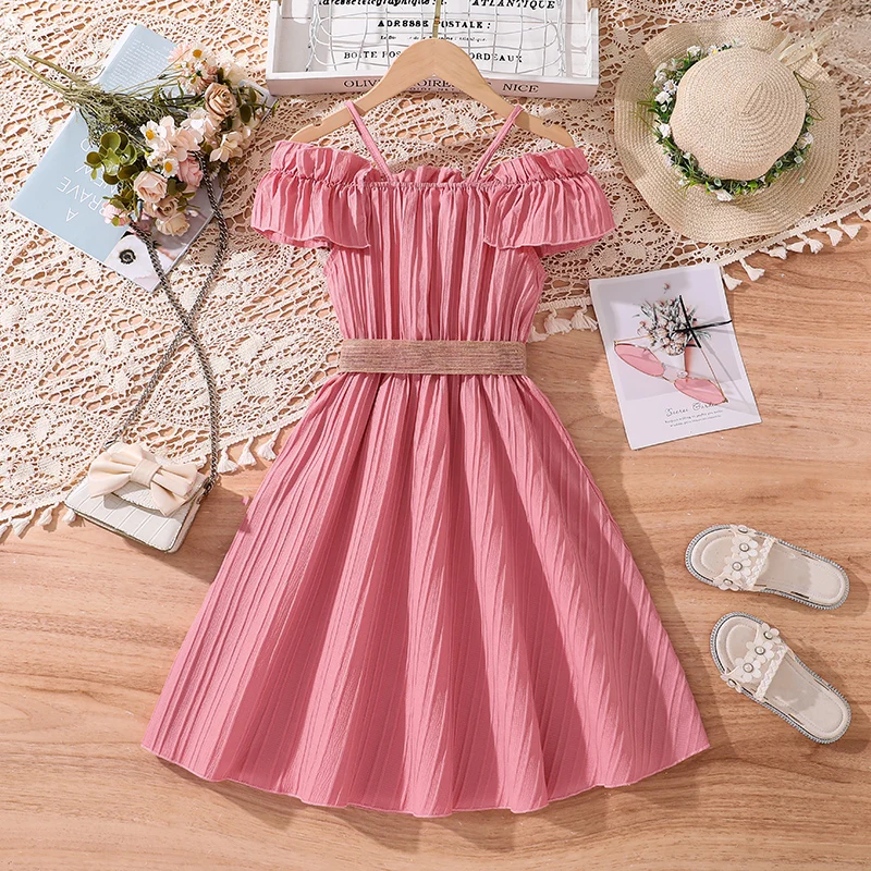 Baby Girls Clothes for Summer 4-12 Years Straight Neckline Pink New Design Ruffles Dress + Braided Belt Sweet Cute Girls Dress