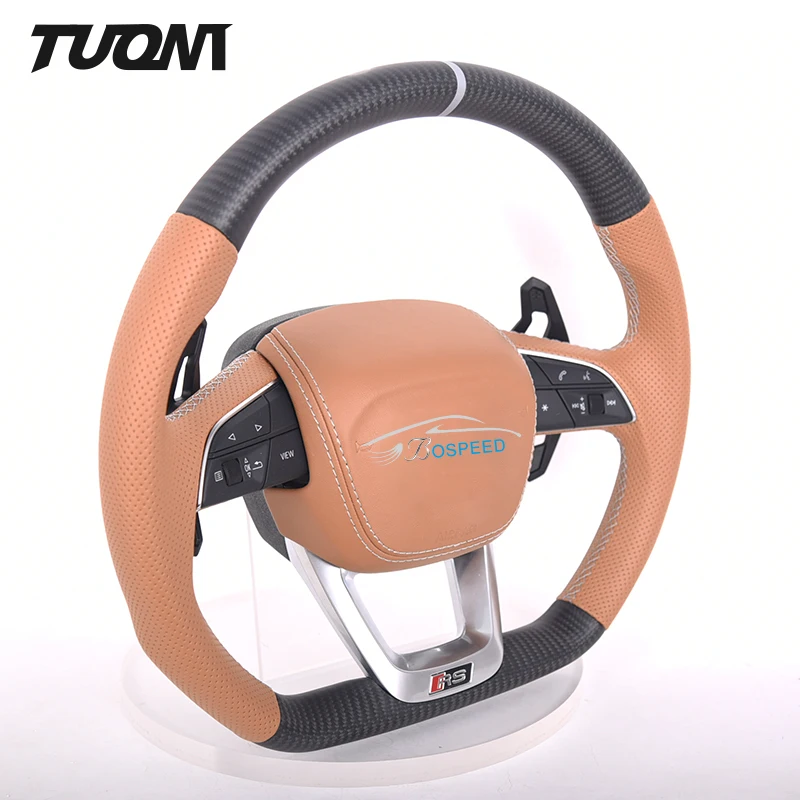 Custom For Audi Q1 Q2 Q3 Q5 Q7 Q8 RS3 RS5 SQ5 SQ8 B9 B9.5 OEM Carbon Fiber Brown Perforated Leather Steering Wheel