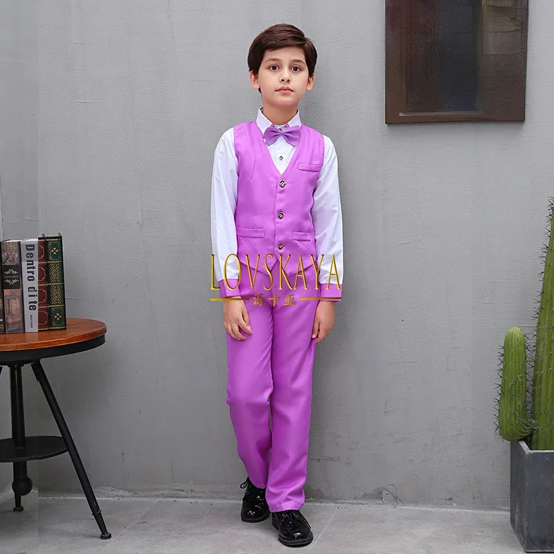 4Pcs Boys Formal Vest Suits Child Clothes Sets Wedding Piano Performance Outfits 3-12 Years