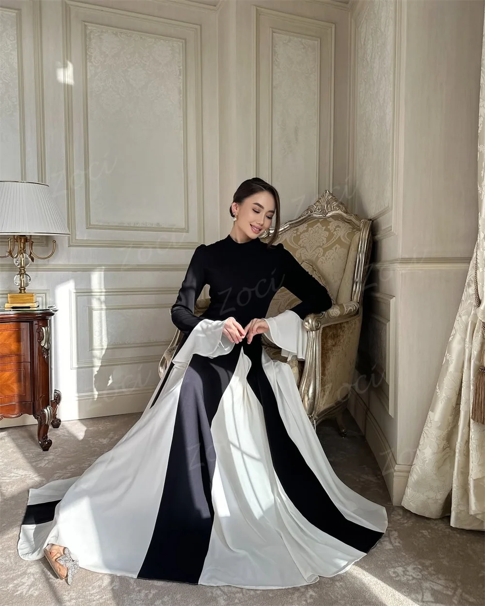 Zoci Modest Long Sleeve A Line Prom Dresses Women Satin Chiffon Prom Gown Customized Contrast Color Outfit Formal Party Dress