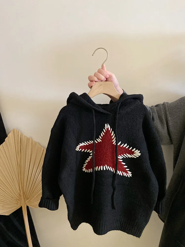 

Girls' Stylish Color-Block Star Knit Hoodie Sweater Autumn Winter New Fleece-Lined Warm Leather Pants Set Trendy