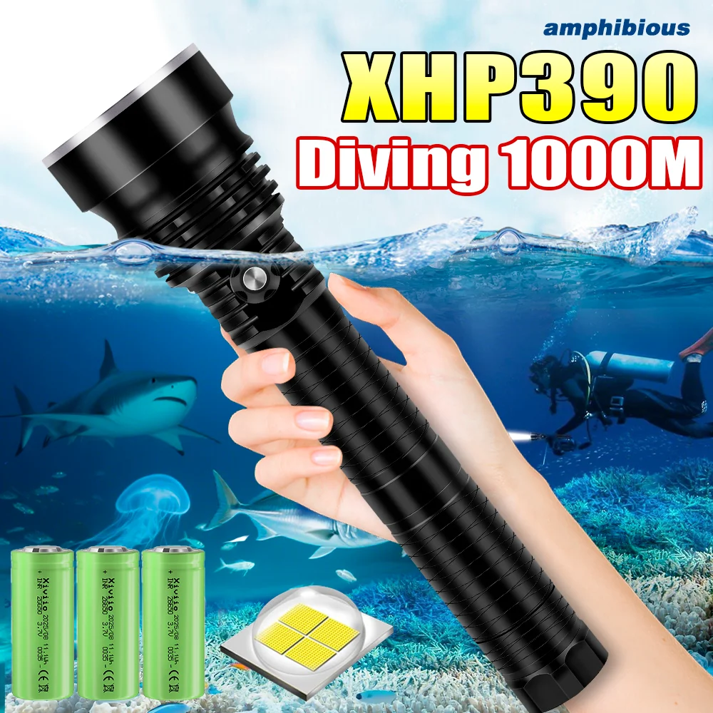 900000LM Powerful XHP390 Diving Flashlight IPX8 Underwater Lamp Professional Scuba Diving Torch 1000M High Power LED Flashlights