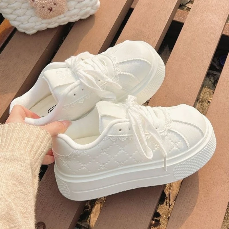 Spring Summer Petite Height Boost White Sneakers Women Platform Puffy Bread Versatile Casual Shoe