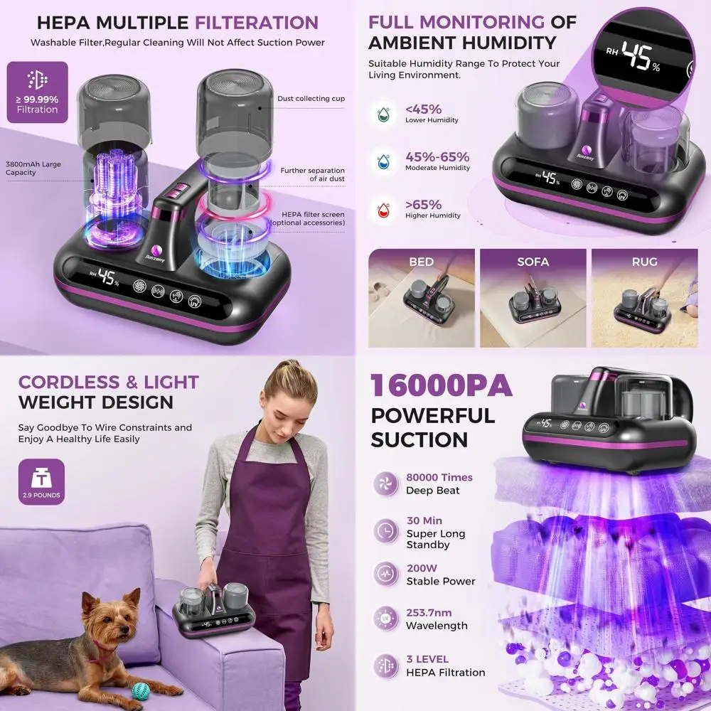 

5-in-1 Cordless Mattress Vacuum, Ultrasonic Tech, 16Kpa Suction, Low Noise, Ideal for Dust & Pet Hair - Grey