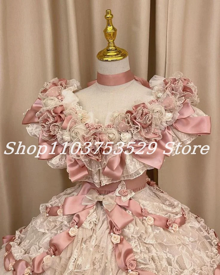 Ivory Pink Cute Victorian Lolita Prom Dresses Luxury Bowknot Rosette Scarlett Fluffy Lace Evening Cosplay Customised 2025