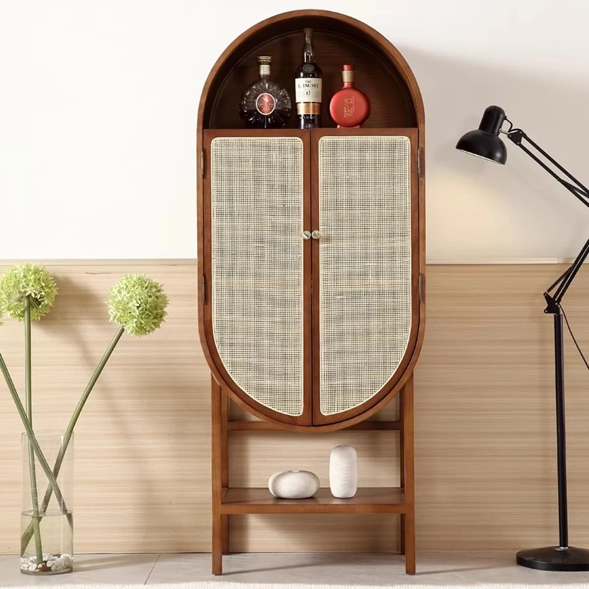 

# Modern Simple Scandinavian Style Solid Wood Double Door Wine Cooler Small Rattan for Home Furniture in Living and Dining Room