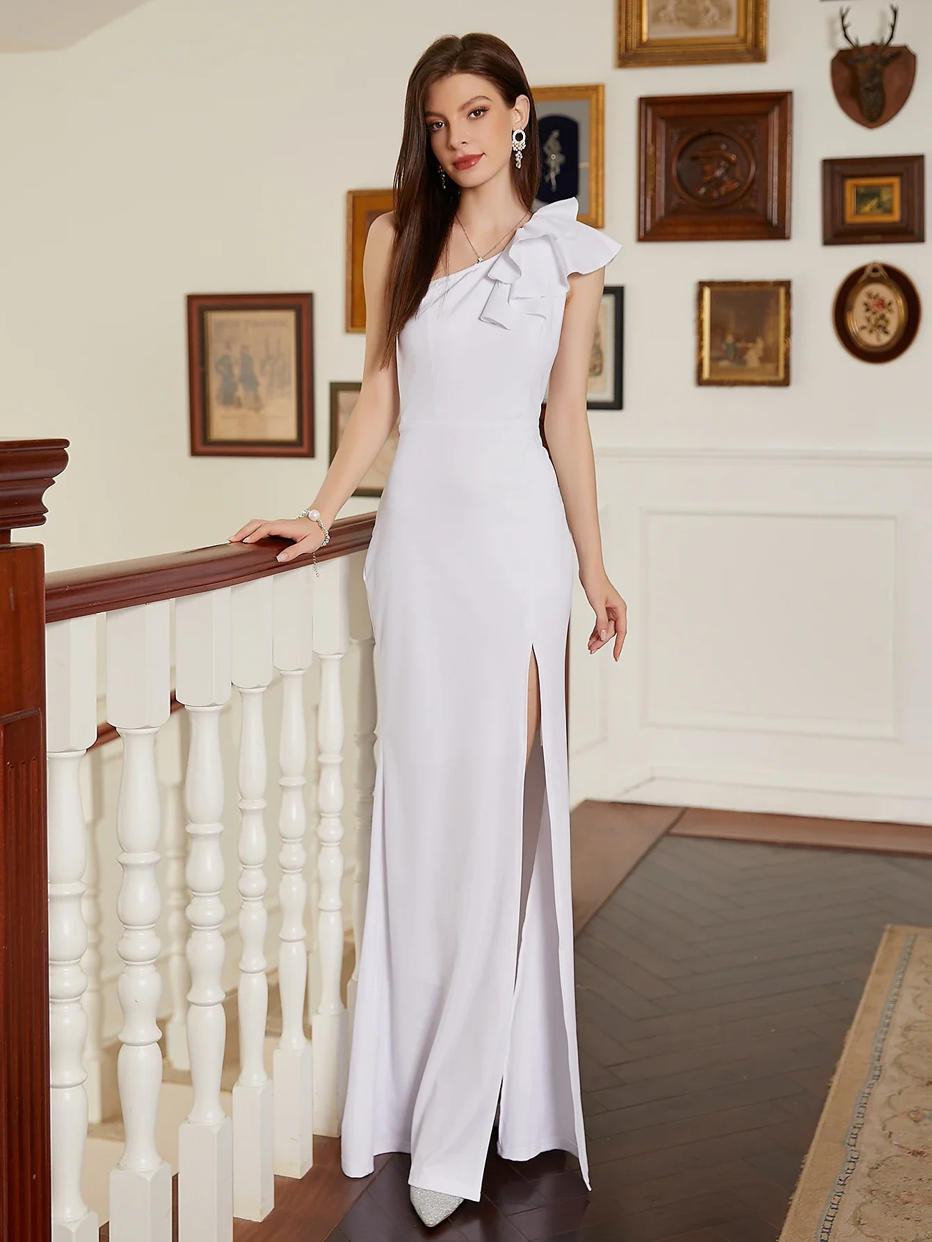 

Dressystar женские длинные вечерние платья для женщин белое кружевное шифоновое свадебное платье на одно плечо для подружки невесты
