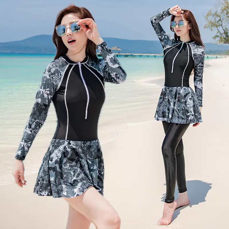 2pcs/set Womens Swim Shirts+Leggings Full Body Rash Guards Wetsuit Dive Skin Long Sleeve Zip Up UV Sun Swim Dress Tops/Bottoms