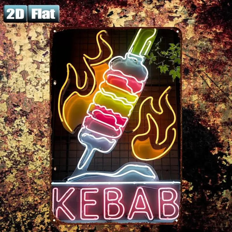 2D Metal Sign Kebab with Flame Neon Look 8x12 Inch 20x30cm Wall Art Decor for Room Restaurant Bar Garage
