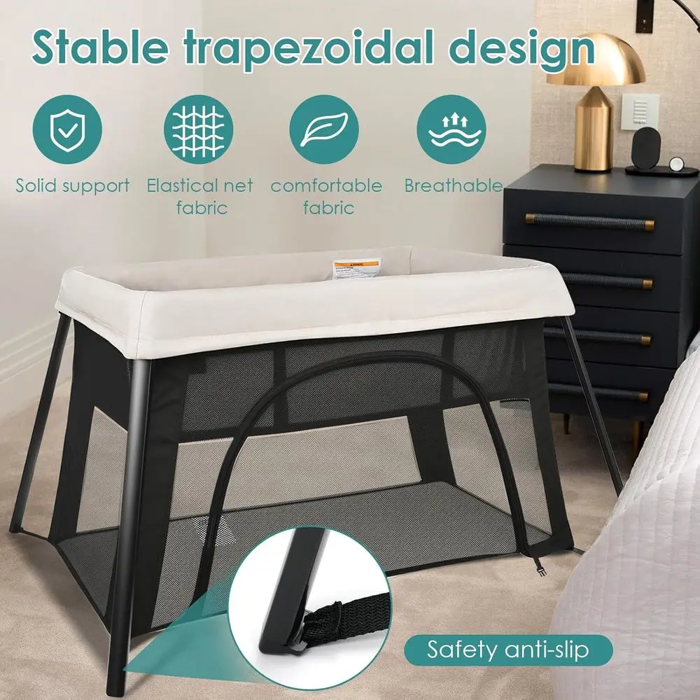 2-in-1 Portable Baby Playpen with Bassinet, Lightweight Foldable Playard for Travel, Creamy Mesh & Zipper Door Playard