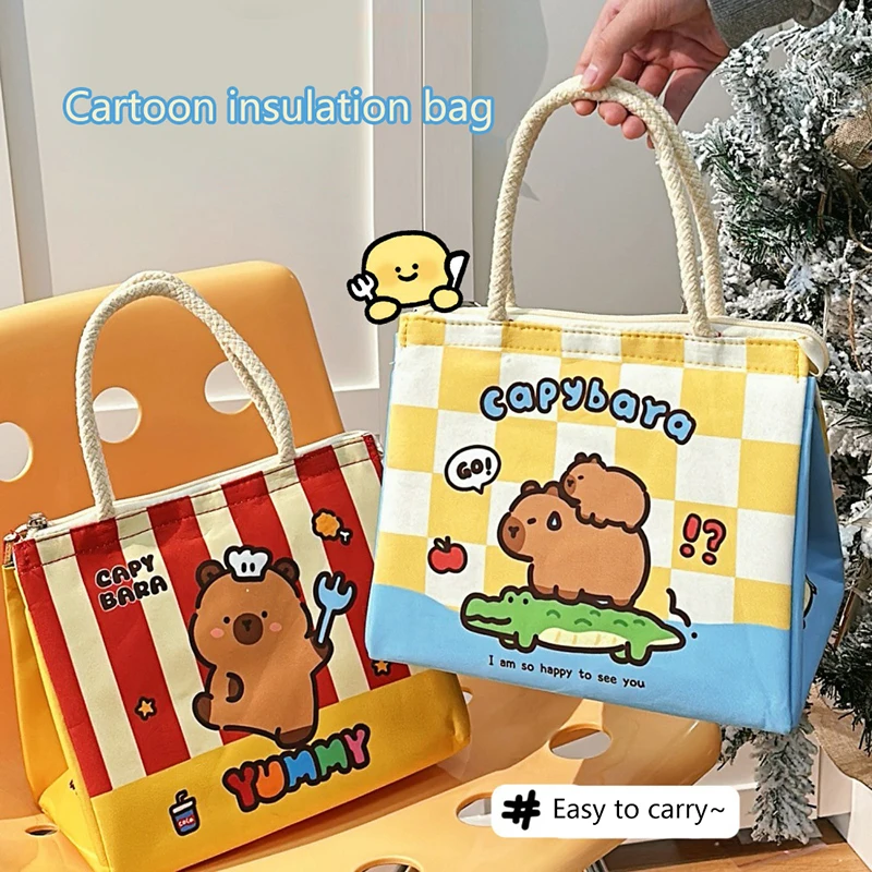 Kawaii การ์ตูน Capybara กล่องอาหารกลางวันกระเป๋าฉนวน Tote กระเป๋า Bento ถุงอาหารกลางวันสําหรับหญิงสาวแบบพกพา Thermos กระเป๋าของขวัญ