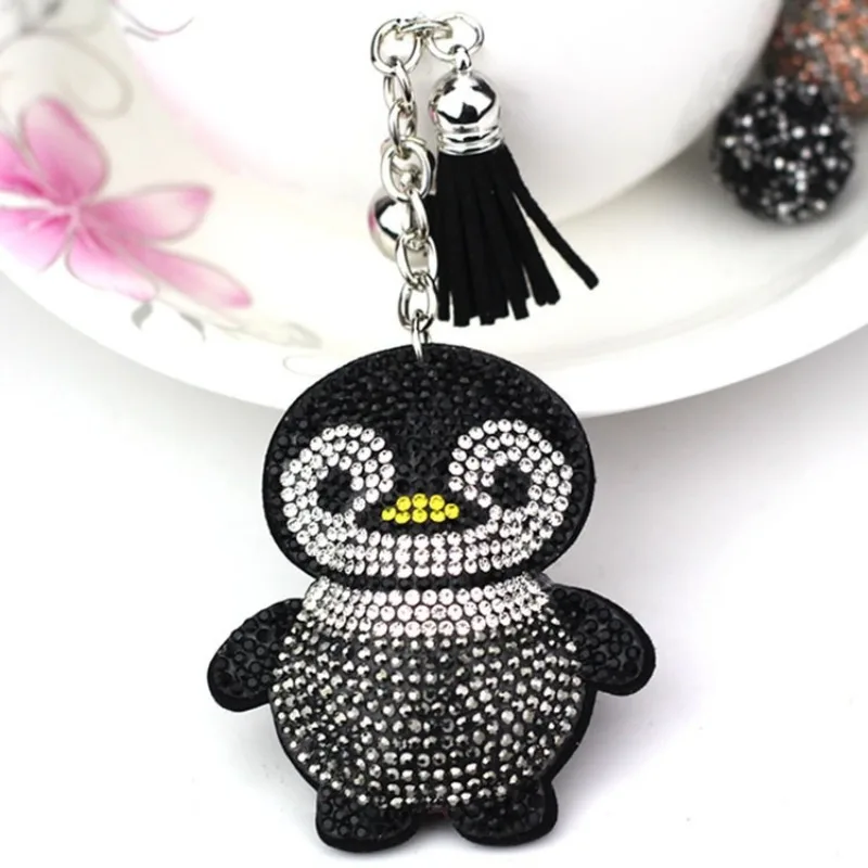 Cute Penguin Shape Crystal Keychain para mulheres, pingente de borla com chaveiro de metal, chaveiro acessórios, moda