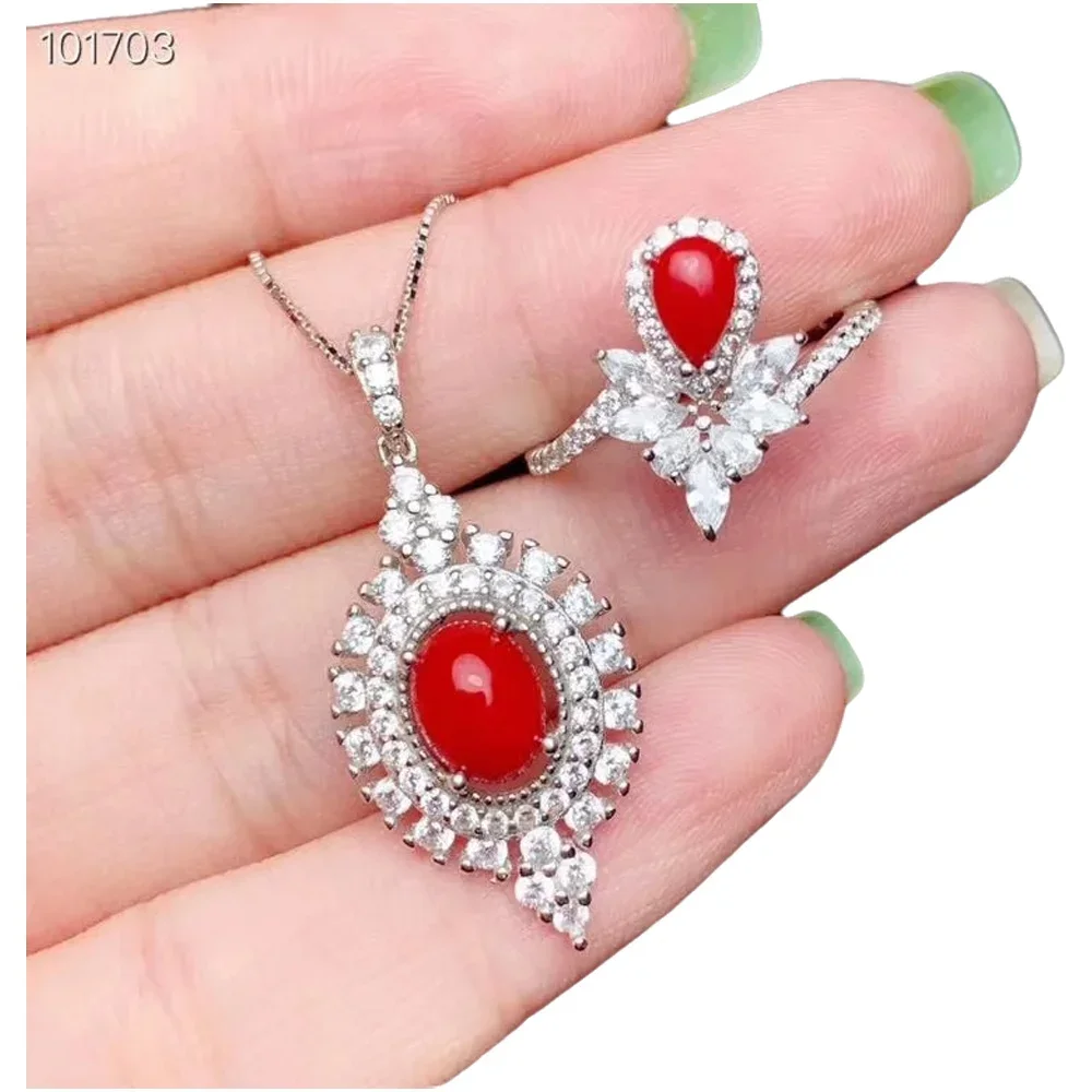 

KJJEAXCMY-925 Sterling Silver Inlaid Natural Red Coral Necklace Ring, Female Suit Support Detection, Boutique Jewelry