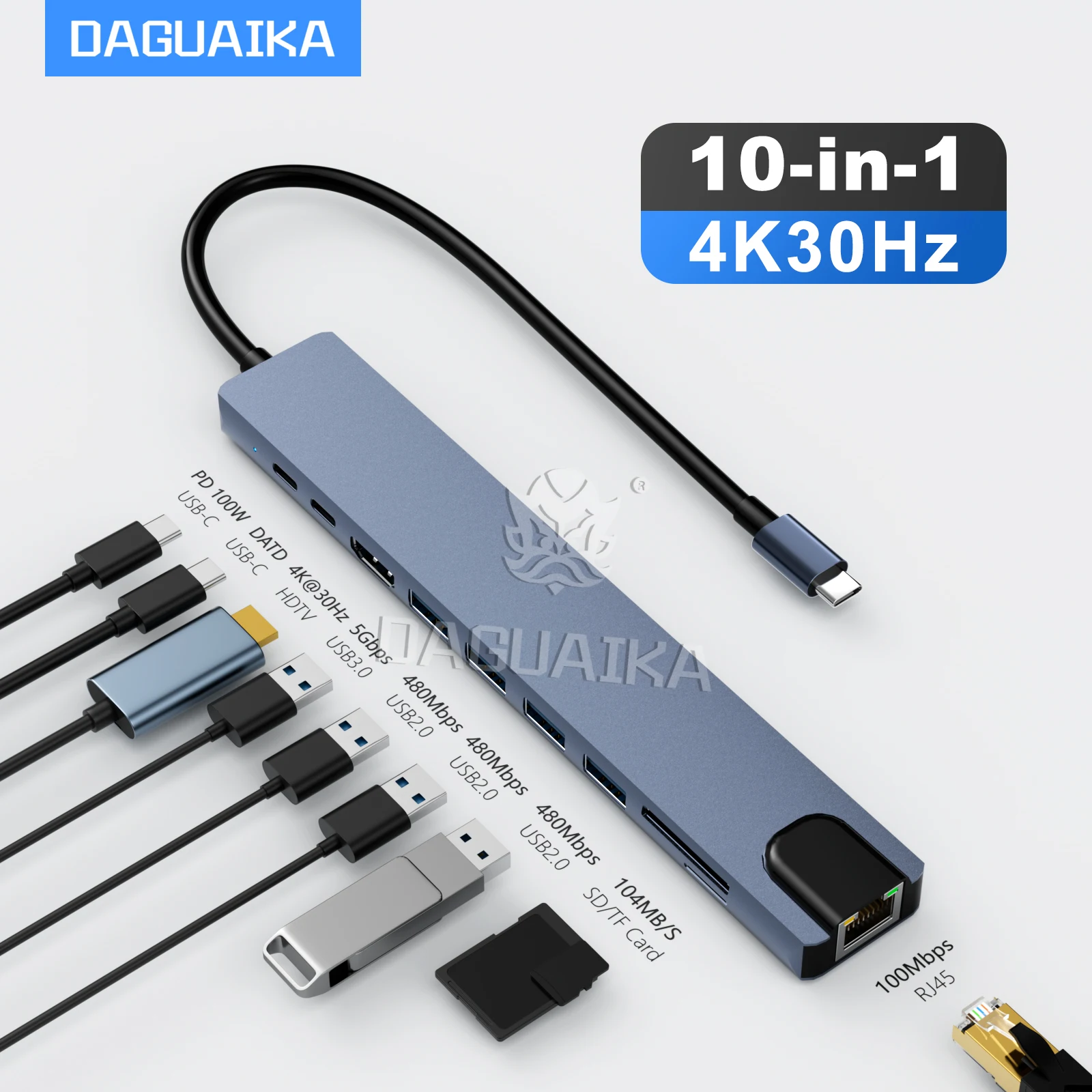 USB C HUB 4K30Hz Docking Station Type C to HDTV-Compatible RJ45 Ethernet PD100W for MacBook iPad Huawei Sumsang Phone