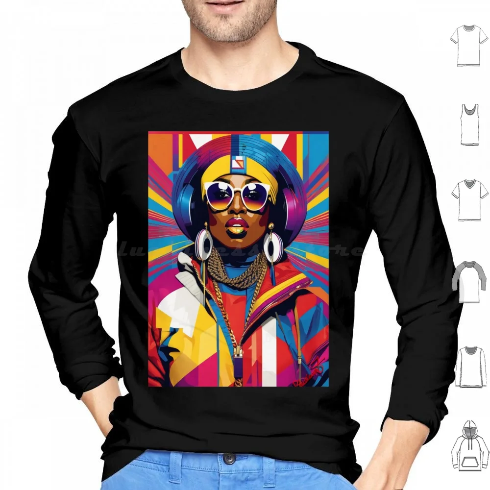 Missy Elliot Hoodies Long Sleeve Portrait Woman Headphones Sunglasses Fashion Vibrant Colorful Geometric Style Missy