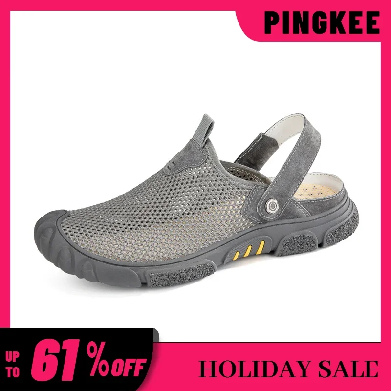 PINGKEE Men\'s Slip-ons Water Shoes For Men Leather Sandals Summer Male Breathable Slip on Beach Men\'s Shoes Men Sandals Shoes