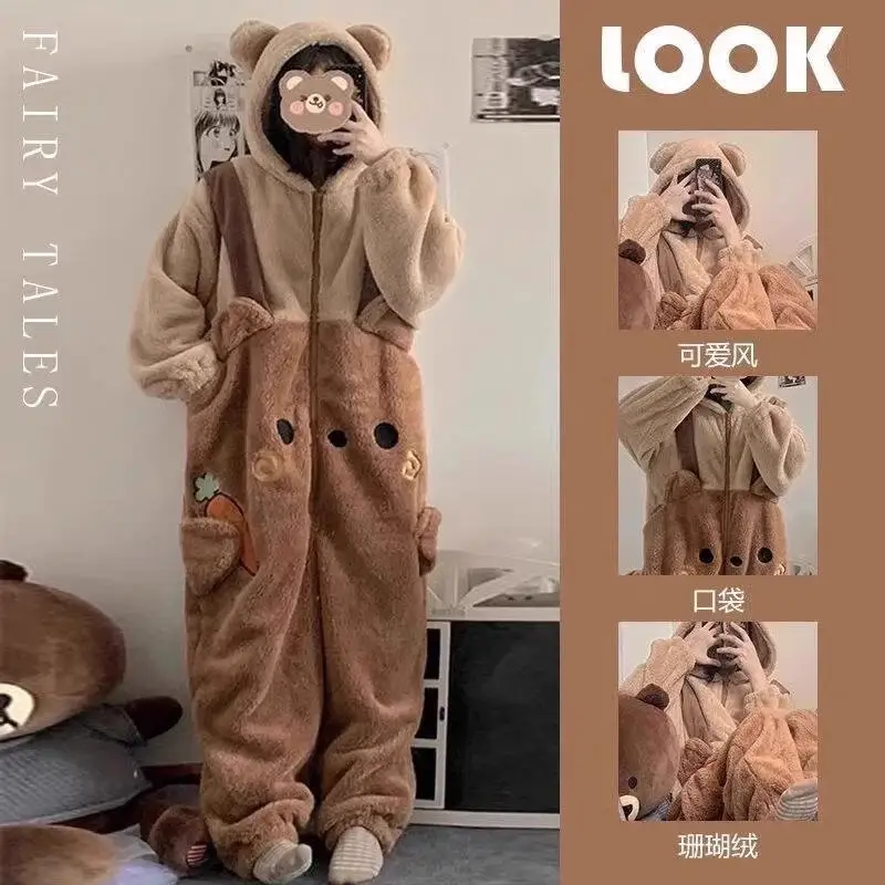 

Women's Cartoon Little Bear Conjoined Homewear Pajamas Spring Autumn Winter Female Thickened Cute Hooded Homeclothes Loungewear