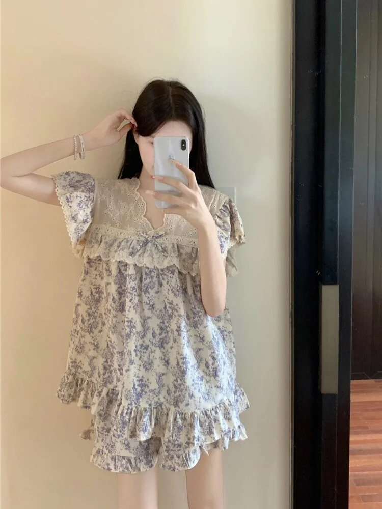 Conjunto de ropa de dormir de manga corta con encaje estilo princesa para mujer, camisón con estampado Floral de verano, pant...