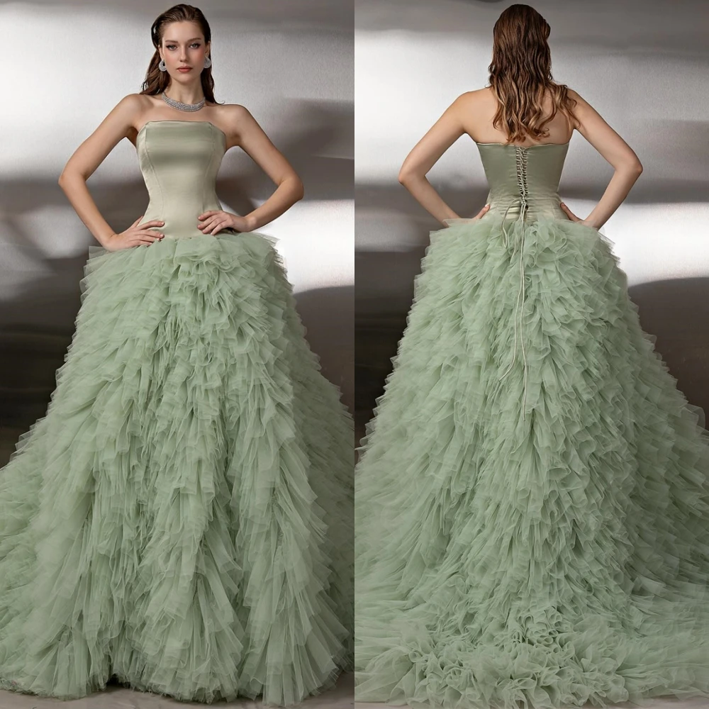 Customized Graceful Strapless Evening Dress Exquisite Sleeveless Prom Dresses Temperament Chapel Train Special Occasion Gowns