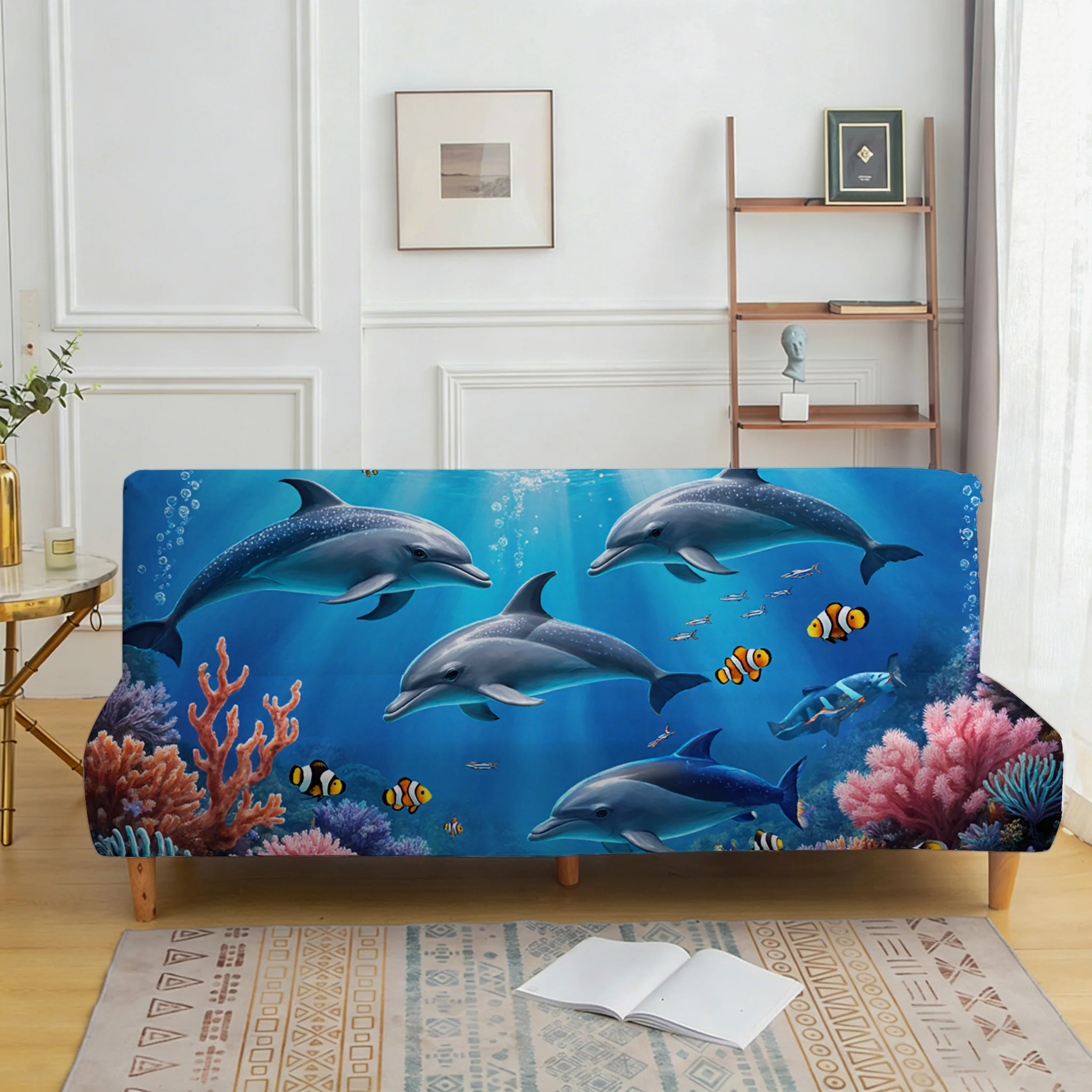 

Living room universal elastic sofa bed cover, marine coral whale pattern, dustproof machine washable sofa bed cover