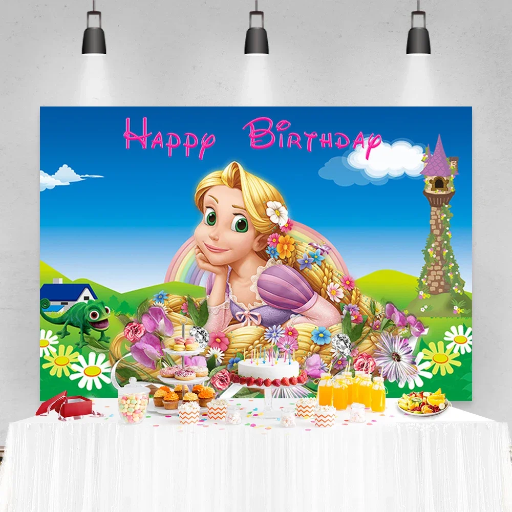 Tło na urodziny z Wieżą Złotego Warkocza, lampiony, długie włosy, słońce, zamek, personalizowane zdjęcie, dziewczynki, dzieci, baby shower, baner, dekoracje. — zdjęcie produktu 2
