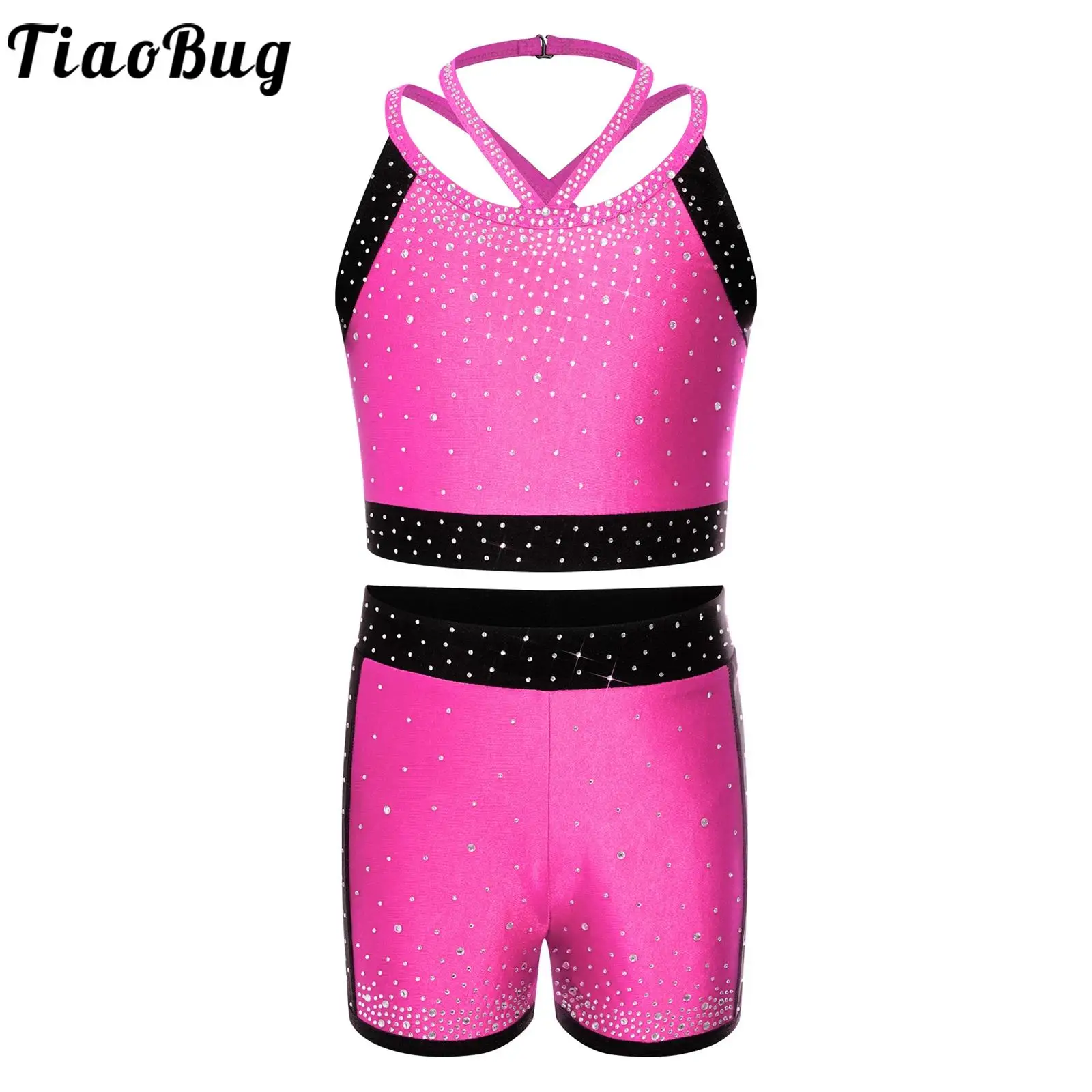 

Kids Girls Rhinestones Figure Skating Gymnastics Costumes Dance Cheerleader Sports Sets Halter Cross Back Crop Top with Shorts