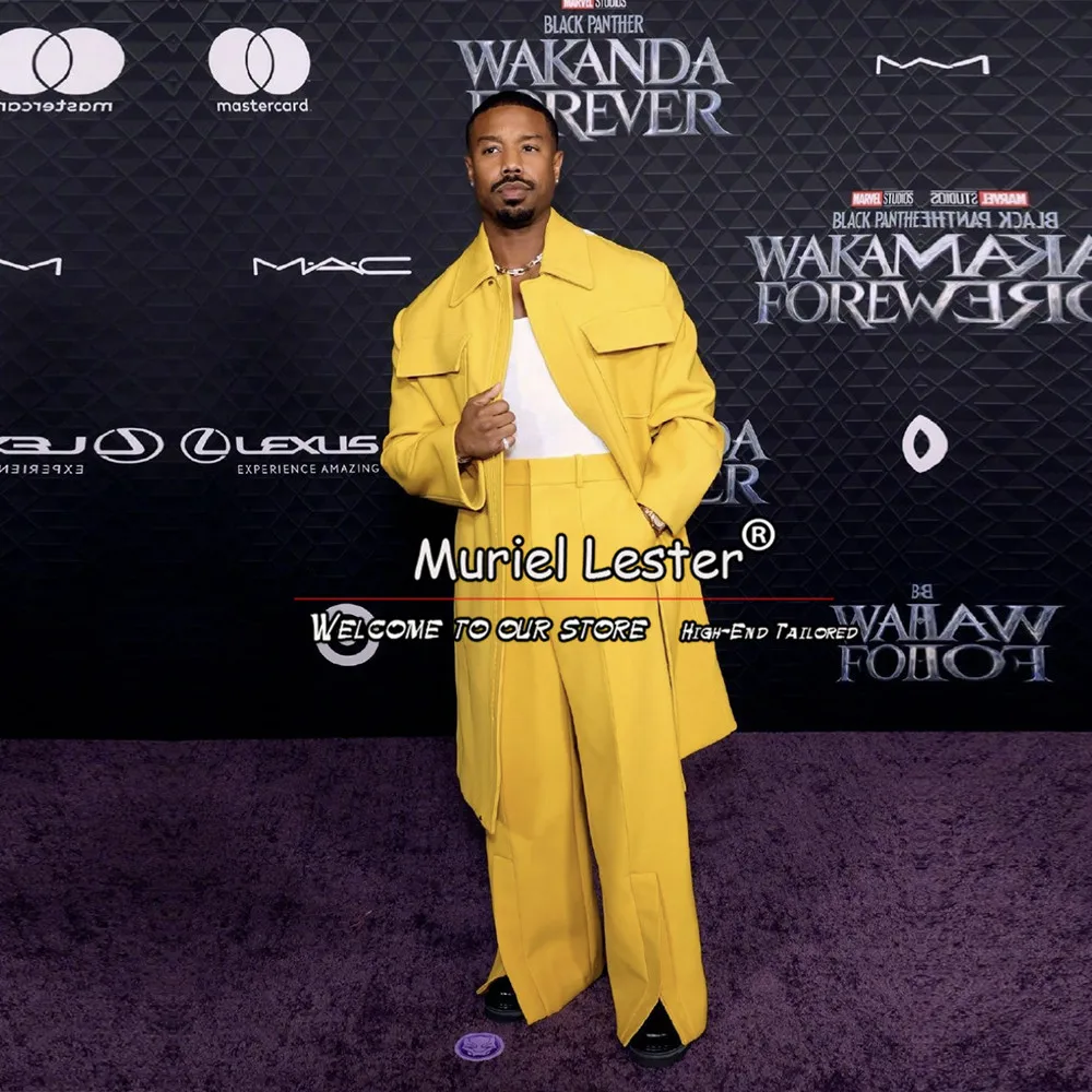 

Men's 2 Pieces Suits Yellow Coat Long With Loose Pants Business Party Wear Man Dress Groomsmen Wedding Tuxedos Terno Masculinos