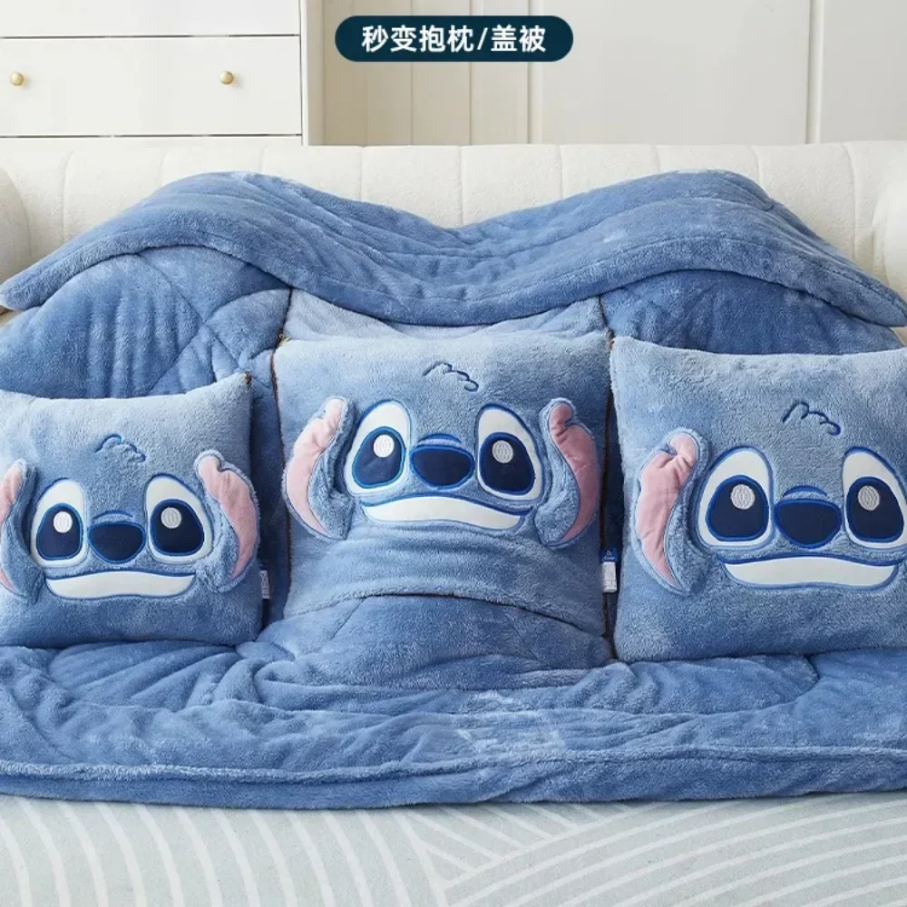 Disney Anime Stitch Blanket Cute Cartoon Embroidered Pillow in 2-in-1 Office Nap Blanket Portable Travel Sleeping Blanket Gifts