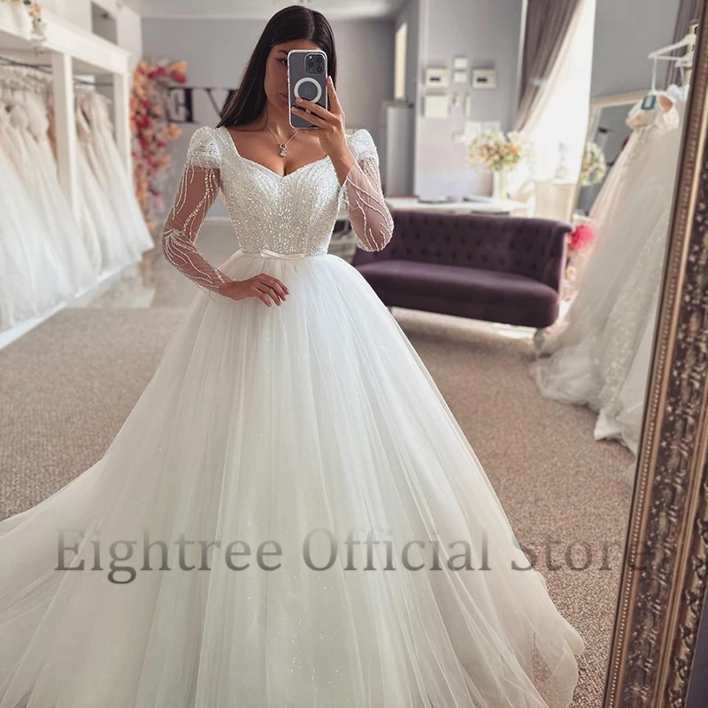 Eightree Boho A-Line Wedding Dresses Long Sleeve Glitter Tulle Bridal Dress Elegant Princess Evening Wedding Gowns Custom Size