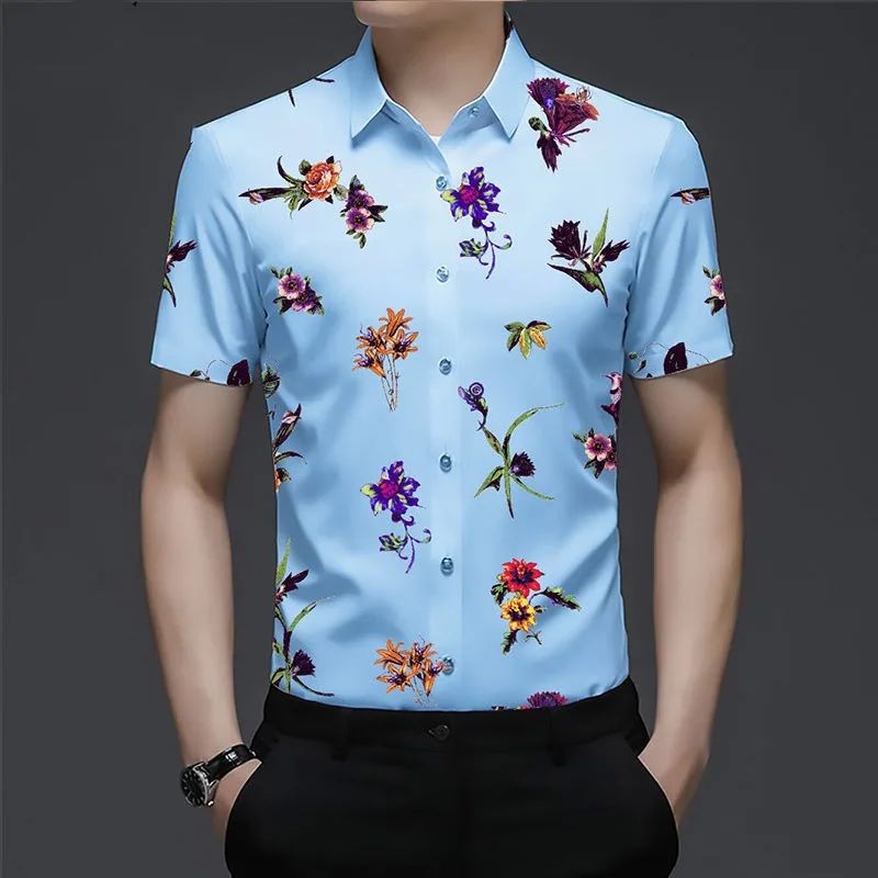 Korean Fashion Summer Men\'s Square Collar Printing Single Breasted Contrast Color Casual Versatile Short Sleeve Loose Shirt Tops