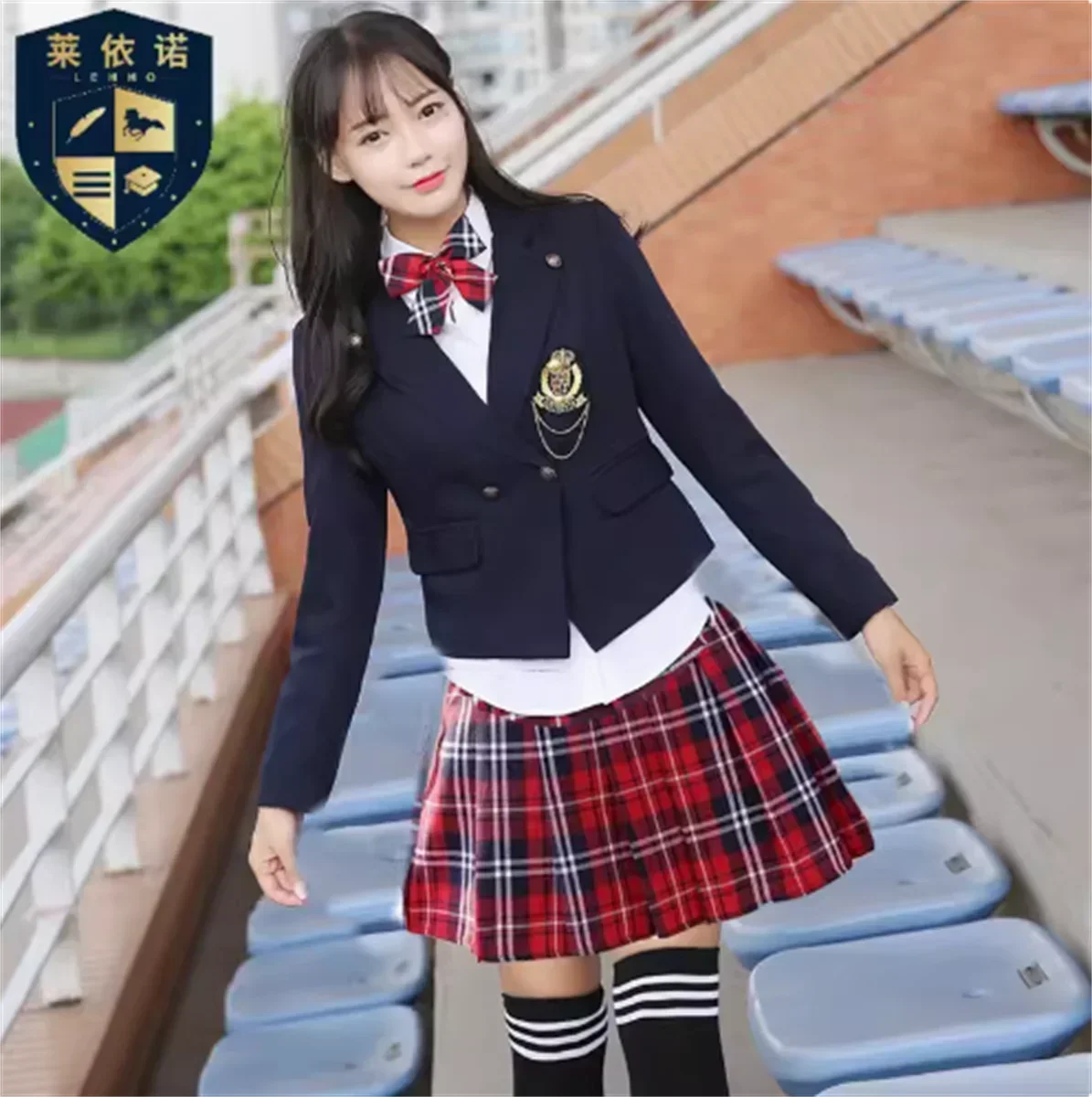 Nieuwe Lente Middelbare School Uniform Jk Meisjes Inclusief Jasje Shirt Rok Badge Stropdas