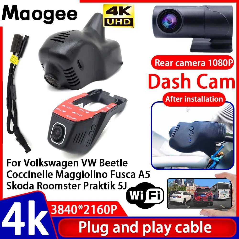 Grabadora 4K UHD Plug and Play, Cámara para Coche, DVR, para Volkswagen VW Beetle Coccinelle Maggiolino Fusca A5 Skoda Roomster Praktik 5J