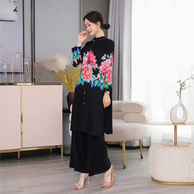 

Miyake Pleated Suit for Women 2025 New Large Size Positioning Printed Extended Single-breasted Top Wide-leg Pants Two-piece Set