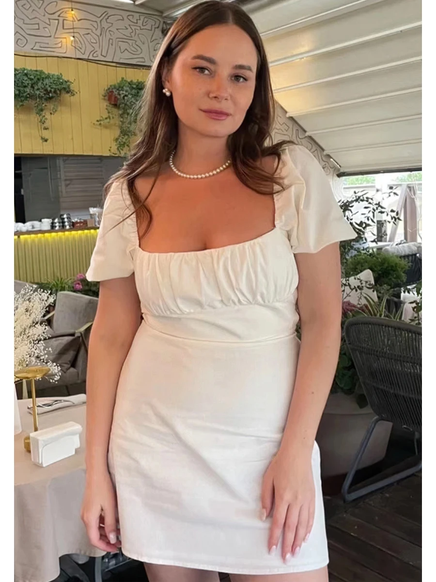 Robe mi-longue en lin à lacets pour femmes, dos ouvert, style campagnard, bulle, manches courtes, robe document monochrome, mode estivale