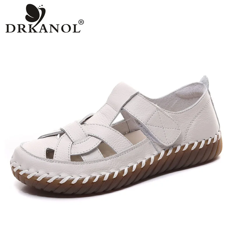 

DRKANOL 2024 Handmade Sewing Genuine Leather flat Shoes Women Summer Hollow Breathable Loafers Hook And Loop Soft Casual Shoes