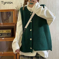 Green Sweater Vest Solid Single Breasted Spring Autumn Christmas All Match Students Fashion Ulzzang Loose Leisure Vintage Knit