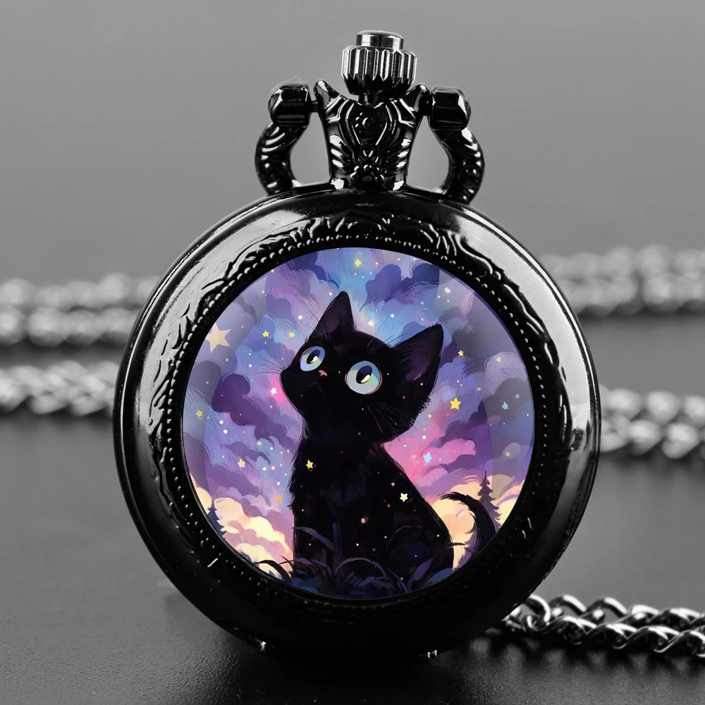 ساعة جيب كوارتز سوداء على شكل قبة زجاجية من Cat Under the Stars مع قرص أرقام عربية وسلسلة متينة هدية ريترو للرجال والنساء