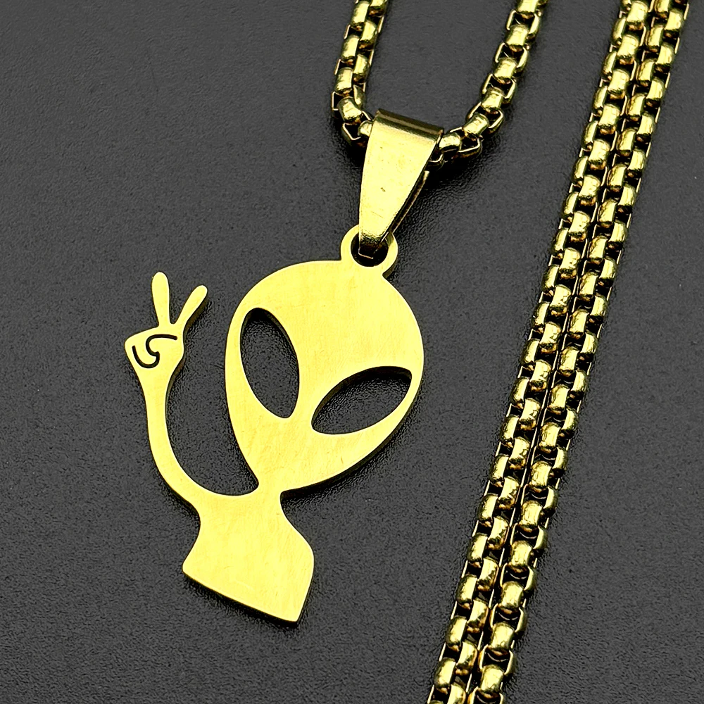Lustige Alien-Anhänger-Halskette für Damen und Herren, Edelstahl, silberfarben, Goth-Streetwear, Rapper-Schmuck, Ketten-Accessoire – Detail 8