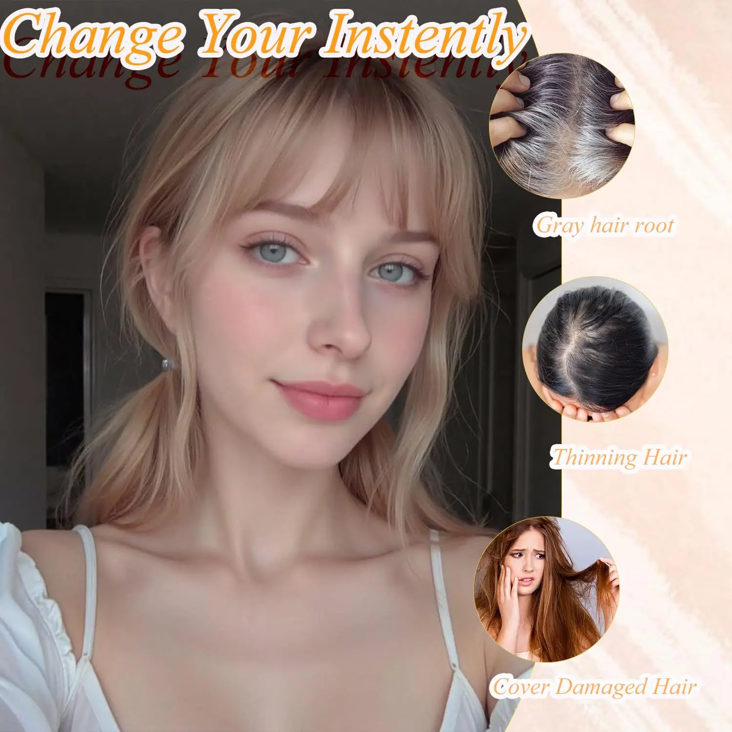 Hair Topper for Women with Bangs: 3D 360° Fluffy Cover Long Straight Synthetic Hair Piece for Thinning Hair, Golden with Dark