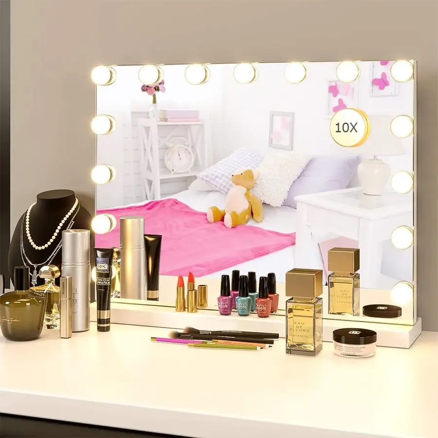 

Mirror Makeup Mirror with Lights,10X Magnification,Large Hollywood Lighted Vanity Mirror with 15 Dimmable LED Bulbs,3 Color Mode