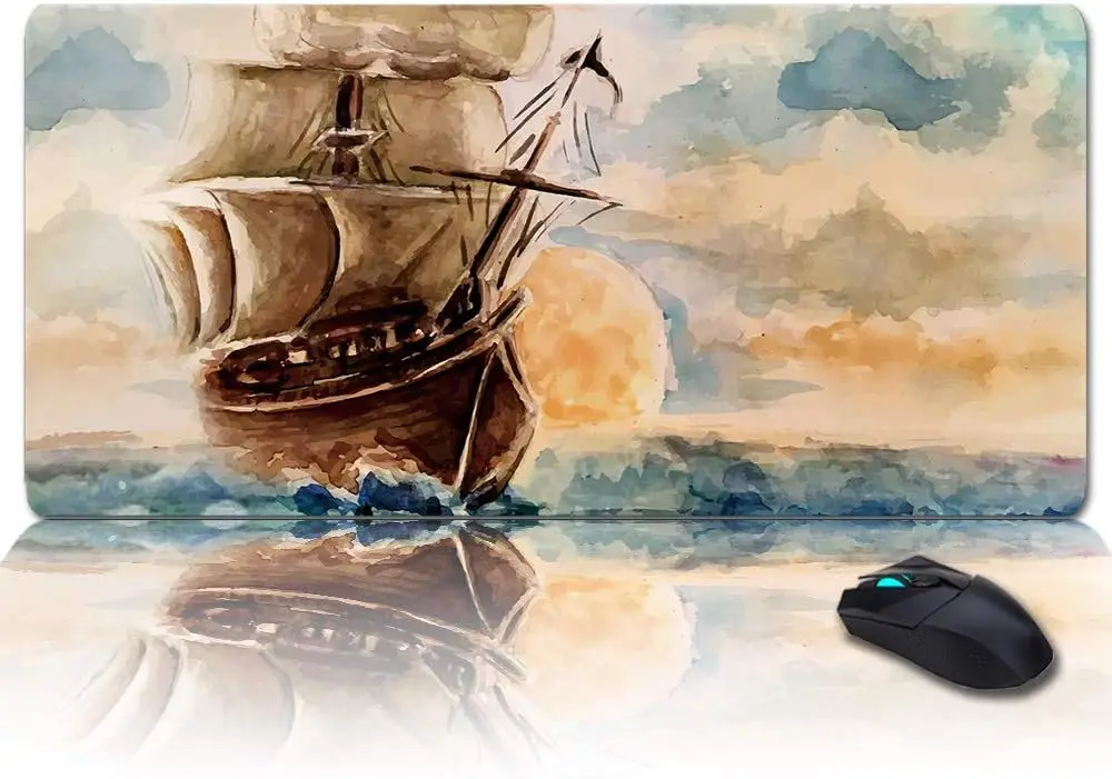 Oil Painting Pirate Sail Mouse Pad Non-Slip Rubber Mouse Pad with Stitched Edges Waterproof Mouse Mat for Office 35.4